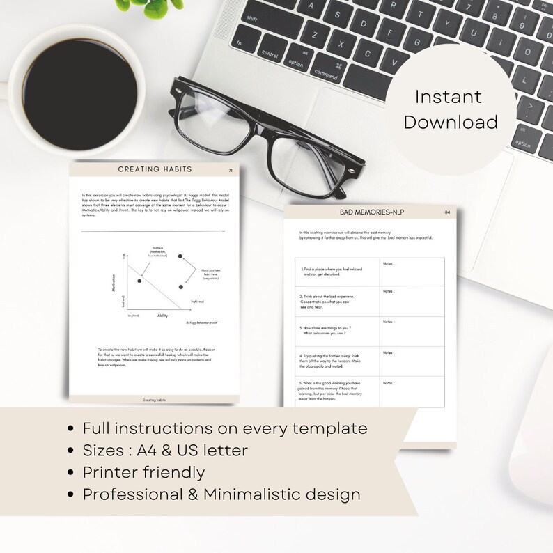 May include: A printable worksheet with instructions on creating habits and overcoming bad memories. The worksheet features a graph with the words "Ability" and "Motivation" on the axes. The worksheet also includes a section titled "Bad Memories - NLP" with instructions on how to overcome bad memories.
