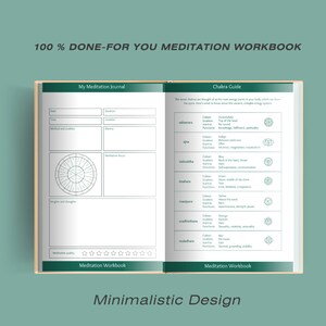 May include: A green and white meditation workbook with the title "100% DONE-FOR YOU MEDITATION WORKBOOK". The workbook includes a section titled "My Meditation Journal" and a section titled "Chakra Guide". The Chakra Guide section includes a table with information about the seven chakras, including their color, location, mantra, and function.
