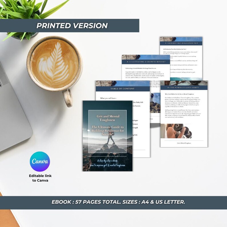 May include: A printed version of an ebook titled "Grit and Mental Toughness: The Ultimate Guide to Building Resilience for Success." The ebook cover features a person standing on a rocky mountaintop with a blue sky and white clouds in the background. The text "EBOOK: 57 PAGES TOTAL. SIZES: A4 & US LETTER." is at the bottom of the image.