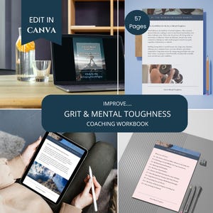 May include: A digital coaching workbook titled "Grit & Mental Toughness Coaching Workbook" with a blue and gray color scheme. The workbook is open to a table of contents page with the text "Table of Contents" in a blue and white font. The workbook is on a gray surface.