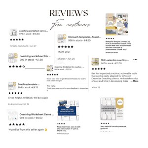 May include: A collection of five customer reviews for coaching worksheets and templates. The reviews are positive and include star ratings. The products are available for purchase on Etsy.
