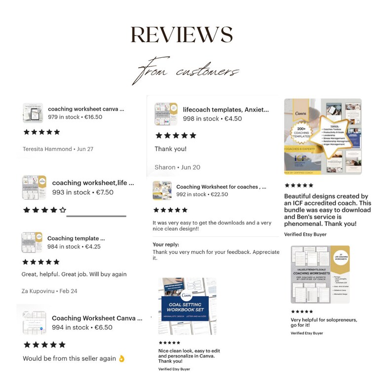 May include: A collage of customer reviews for coaching worksheets and templates. The reviews are positive and include five-star ratings. The text includes the product names, prices, and customer comments. The image also includes a screenshot of a coaching worksheet template.