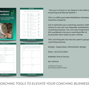 May include: A green and white meditation workbook with the title "Meditation Workbook" and the text "Meditation is when you connect with your higher self and your spirit  taper intentionally by entering a "wholeness" state of mind". The workbook is designed for coaches and experts in the field of coaching and mental health. It includes a guided imagery section, a meditation journal, and a chakra guide.