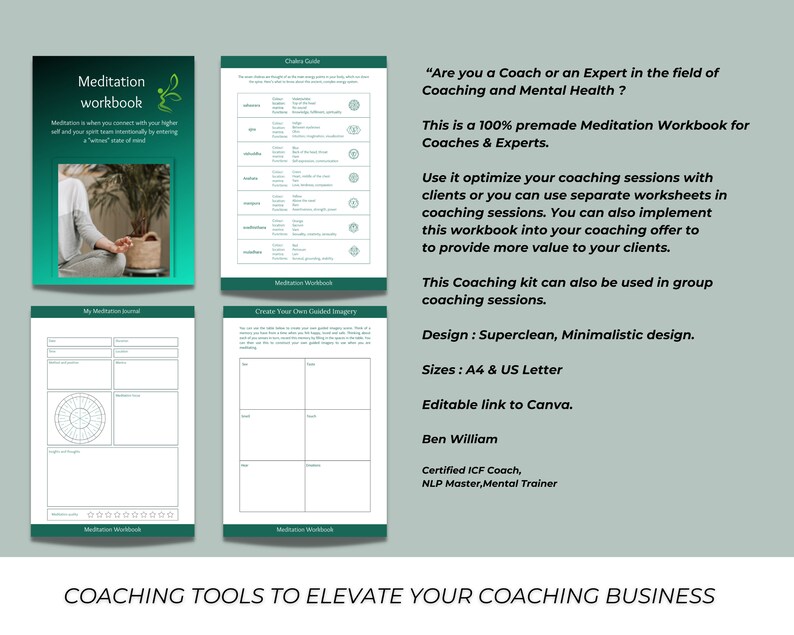 May include: A green and white meditation workbook with the title "Meditation Workbook" and the text "Meditation is when you connect with your higher self and your spirit  taper intentionally by entering a "wholeness" state of mind". The workbook is designed for coaches and experts in the field of coaching and mental health. It includes a guided imagery section, a meditation journal, and a chakra guide.
