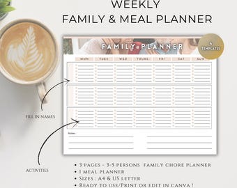 Familienplaner bearbeitbar, wöchentlicher Essensplaner, Familienplaner Vorlage, bedruckbarer Kalender bearbeitbar Canva