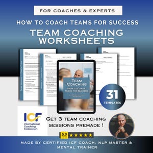 Może przedstawiać: Obraz promujący zasoby coachingu zespołowego. Zawiera tablet wyświetlający przewodnik "Team Coaching", arkusze robocze i tekst "How to Coach Teams for Success". Obraz zawiera również logo ICF, ocenę 5,0 oraz tekst "31 Templates".