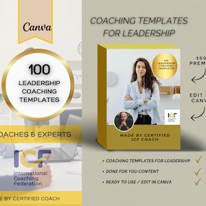 May include: A digital product box set with the text "Coaching Templates for Leadership" and "100 Leadership Coaching Templates." The product is designed for coaches and experts and is made by a certified ICF coach.