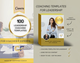 May include: A digital product box set with the text "Coaching Templates for Leadership" and "100 Leadership Coaching Templates." The product is designed for coaches and experts and is made by a certified ICF coach.
