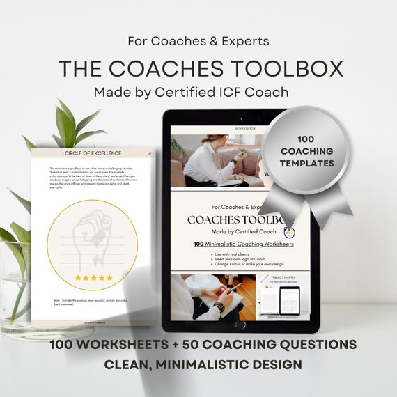 100 coaching worksheet toolkit, Coaching templates editable, business coach methods, coaching sessions, executive coaching, canva template
