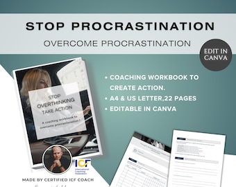 May include: A coaching workbook titled "Stop Overthinking Take Action" to help overcome procrastination. The workbook is made by a certified ICF coach, Ben William. The cover features a woman driving a car and the ICF logo. The workbook is available in A4 and US Letter sizes and has 22 pages. It is editable in Canva.