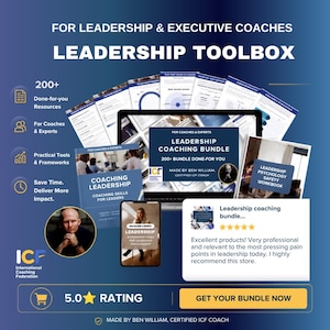 Könnte beinhalten: Ein digitales Leadership-Toolbox-Paket für Coaches und Experten mit über 200 Ressourcen, Frameworks und Arbeitsbüchern. Die Darstellung umfasst einen Laptop, ein Mobiltelefon und gedruckte Dokumente mit Texten wie Leadership Coaching Bundle und ICF.