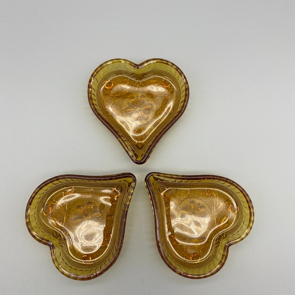 Amber Tiara Heart-Shaped Dishes (Indiana Glass)