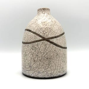 May include: A ceramic vase with a rounded body and a narrow neck, featuring a white crackle glaze finish. Two dark, intersecting horizontal bands wrap around the upper portion of the vase, contrasting with the fine, dark web-like pattern.
