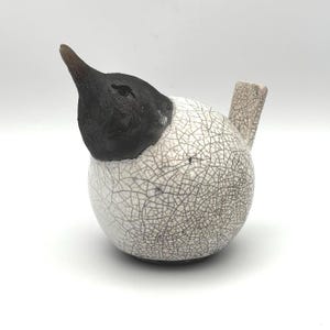 Handmade Raku Ceramic Bird Sculpture, Stoneware Coastal Bird, Crackle Glaze Pottery, Made in Cornwall