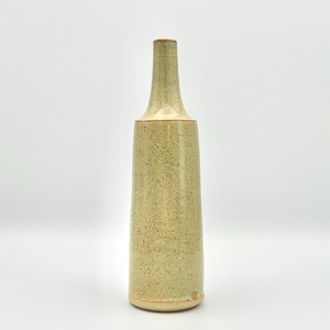 May include: A tall, speckled ceramic vase with a narrow neck and a wide base. The vase has a light green colour with brown speckles and a cream-coloured rim. The vase is a decorative item.