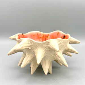 Handmade Spiky Stoneware Bowl – Coral Pink Glazed Ceramic – Coastal Cornwall Pottery – Ocean Inspired Decor