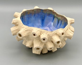 Barnacle-inspired, Blue & White stoneware bowl, handmade in Cornwall, UK