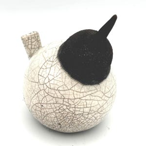 Può includere: Statuetta di uccello in ceramica con smalto bianco screpolato e testa e becco neri. L'uccello ha un piccolo beccuccio rettangolare su un lato. La statuetta è un oggetto decorativo.