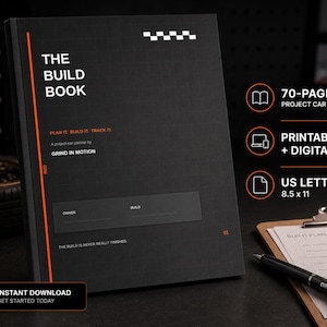 May include: A black project car planner titled The Build Book with a grid pattern, orange vertical line, and white text. Features include 70 pages, printable and digital formats, and US Letter 21.59 x 27.94 cm size. Includes owner and build fields.
