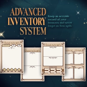 May include: Four printable pages for an advanced inventory system for role-playing games. The pages are beige with brown borders and text. The pages are titled "Inventory", "Inventory", "Inventory & Magic", and "Magic Items".