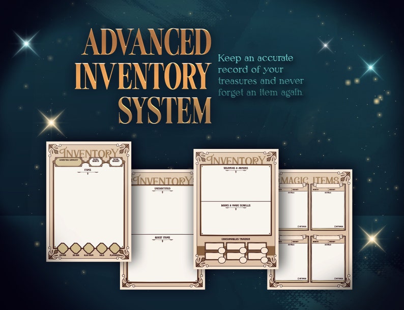 May include: Four printable pages for an advanced inventory system for role-playing games. The pages are beige with brown borders and text. The pages are titled "Inventory", "Inventory", "Inventory & Magic", and "Magic Items".