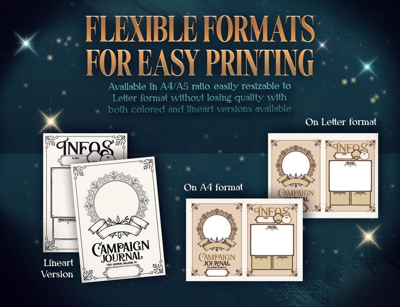 May include: A printable campaign journal template in two formats: A4 and Letter. The template features a decorative border with a title that says "Campaign Journal". The journal includes sections for "Infos" and "Campaign".