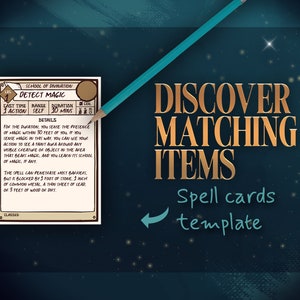 May include: A printable spell card template for a fantasy role-playing game. The card features a brown and white illustration of a magic spell card with the title "Detect Magic" and details about the spell. The card is set against a blue background with stars.