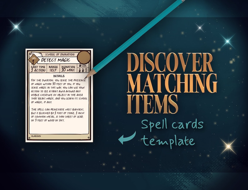 May include: A printable spell card template for a fantasy role-playing game. The card features a brown and white illustration of a magic spell card with the title "Detect Magic" and details about the spell. The card is set against a blue background with stars.