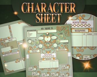 DnD 5E Character Sheet Digital Download, Elegant Green, Dungeons and Dragons RPG, Editable and Fillable, GM Gift, DM Tools, Elegant & Cute