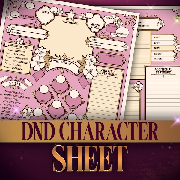 Cherry Blossom, DnD 5E Character Sheet Digitale download, bewerkbaar en invulbaar, Dungeons and Dragons RPG, GM Gift, DM Tools