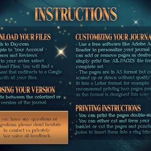 May include: Instructions for downloading, customizing, and printing a journal. The text includes information about file formats, printing options, and contacting the seller for questions. The background is a dark blue with stars.