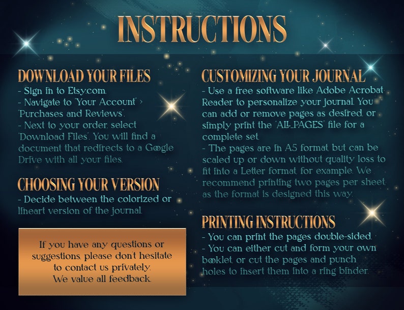 May include: Instructions for downloading, customizing, and printing a journal. The text includes information about file formats, printing options, and contacting the seller for questions. The background is a dark blue with stars.