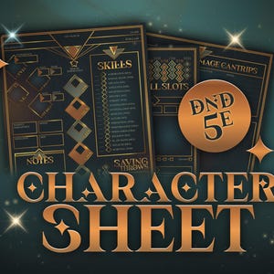 Op de afbeelding: Een gouden en zwarte personage sheet voor Dungeons and Dragons 5e editie. De sheet heeft een gouden rand en een donkergroene achtergrond met gouden tekst. De tekst "DND 5E" staat in een gouden cirkel.