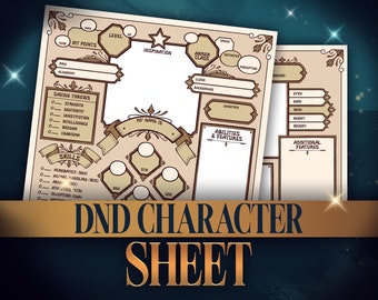 May include: A printable Dungeons and Dragons character sheet with sections for character information, abilities, and features. The sheet has a vintage aesthetic with brown and gold accents.