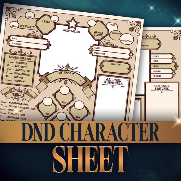 DnD 5E Character Sheet Digital Download, Dungeons and Dragons RPG, Editable and Fillable, GM Gift, DM Tools, Color & Lineart Options