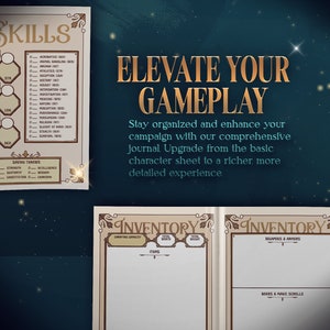 May include: A gold and brown character sheet for a role-playing game. The sheet includes sections for skills, saving throws, inventory, and weapons and armor. The text "Elevate Your Gameplay" is written in gold letters on a blue background.