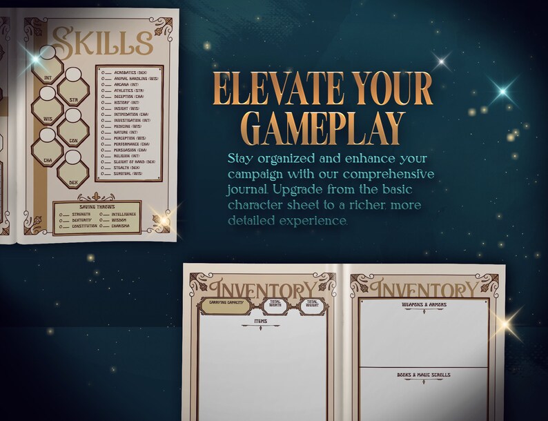 May include: A gold and brown character sheet for a role-playing game. The sheet includes sections for skills, saving throws, inventory, and weapons and armor. The text "Elevate Your Gameplay" is written in gold letters on a blue background.