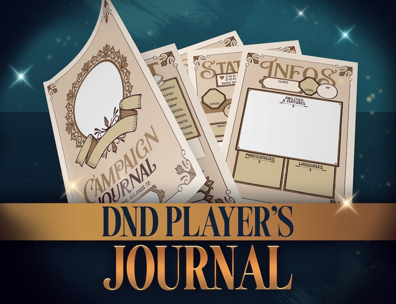 May include: A vintage-style D&D Player's Journal with a gold ribbon and the text "Campaign Journal" on the cover. The journal includes pages for character stats, abilities, and notes.