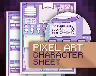 May include: A pixel art character sheet with a purple and pink color scheme. The sheet includes sections for stats, abilities, and spells. The text "PIXEL ART CHARACTER SHEET" is displayed in a brown banner.