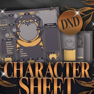 Könnte beinhalten: Ein dunkelgraues und goldenes Charakterblatt für Dungeons and Dragons (D&D) Rollenspiele. Das Blatt verfügt über einen stilisierten Charakterporträtrahmen, Abschnitte für Charakterwerte und einen Titel, der "CHARACTER SHEET" lautet.