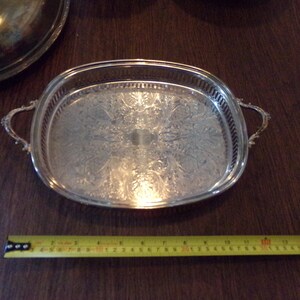 Vintage-11" Gallery Tray-Oblong Shaped Footed Serving Tray, Vintage Silver Plate- Handles-Lattice edge-Footed-Fancy Engraved-VG Condition!