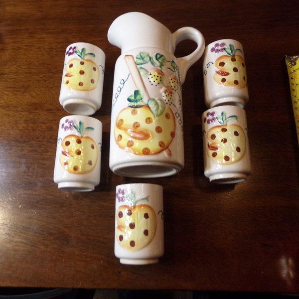 Vintage Ceramic Fruit 5pc Juice Set with Pitcher and 5 Cups-Circa 1950's with a FRUIT motiff..Made in Japan