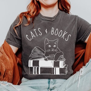 Cats and Books Shirt Comfort Colors Cat Book Shirt Cat Lover Shirt Cat Mom Shirt Reading Shirt Book Lover Gift Bookish Shirt Cat on Book Tee