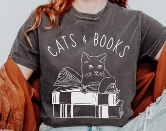 Cats and Books Shirt Comfort Colors Cat Book Shirt Cat Lover Shirt Cat Mom Shirt Reading Shirt Book Lover Gift Bookish Shirt Cat on Book Tee