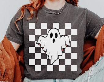 Bonita camiseta de fantasma Colores cómodos Camiseta retro de Halloween Camiseta de fantasma a cuadros Camiseta a cuadros Ropa de moda Temporada espeluznante Creep it Real