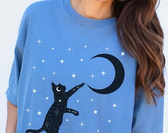 Celestial Moon Cat Shirt, Comfort Colors Shirt, Mystical Cat Shirt, Constellation Cat Shirt, Witchy Aesthetic, Black Cat Lover, Witchy Gifts