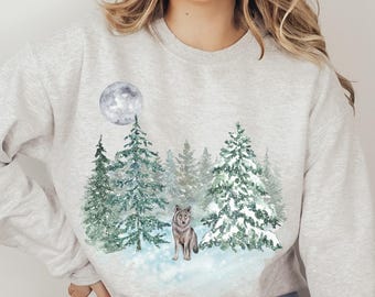 Retro Wolf Sweatshirt, Vintage 90s Wolf Moon Forest Wilderness Sweatshirt, Wolf Lover Gift, Winter Wolf Crewneck, Wolf Clothing