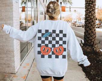 Cherry Sweatshirt, Checkered Cherries Shirt, Retro Checkered, Checker Shirt, Foodie Gift, Checkerboard Crewneck, Trendy Aesthetic Sweatshirt