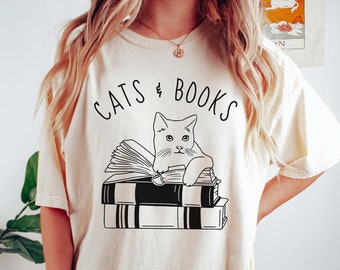 Cats and Books Shirt Comfort Colors Cat Book Shirt Cat Lover Shirt Cat Mom Shirt Reading Shirt Book Lover Gift Bookish Shirt Cat on Book Tee