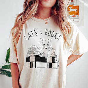 Cats and Books Shirt Comfort Colors Cat Book Shirt Cat Lover Shirt Cat Mom Shirt Reading Shirt Book Lover Gift Bookish Shirt Cat on Book Tee